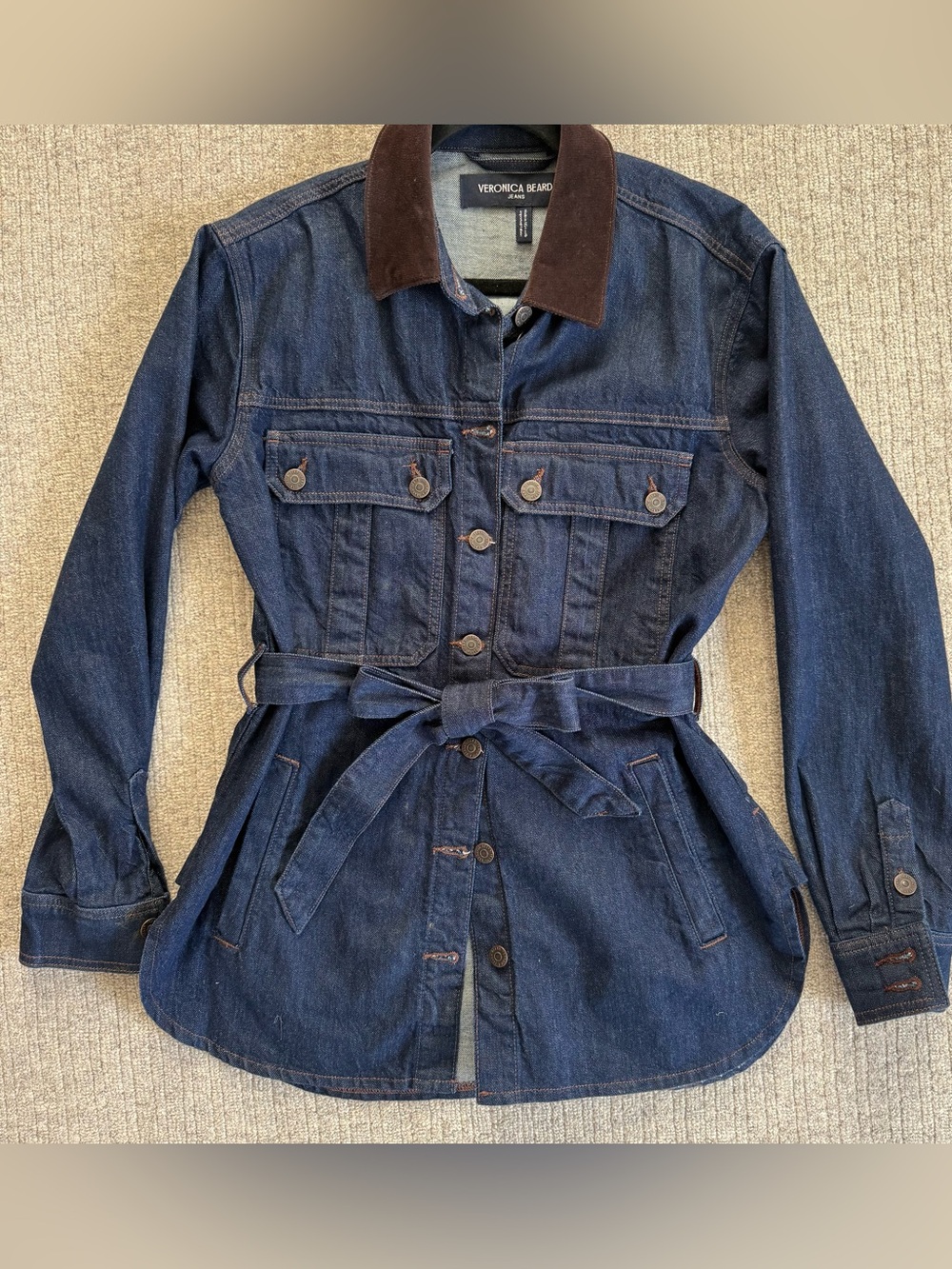 Veronica Beard Navy Denim Jacket with Brown Corduroy Collar and Self-Tie Waist